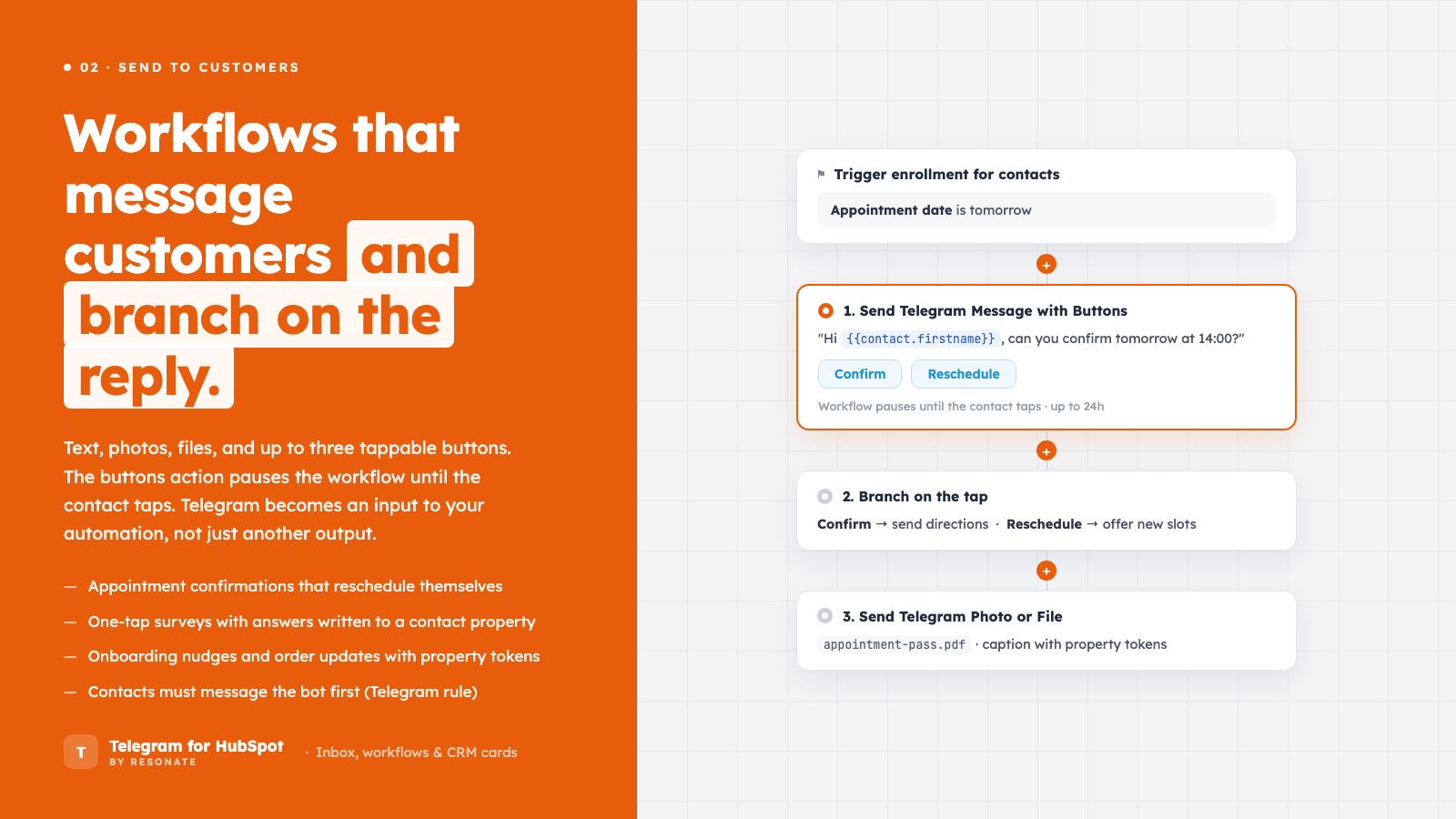 Workflow messages with tappable buttons that pause and branch the workflow