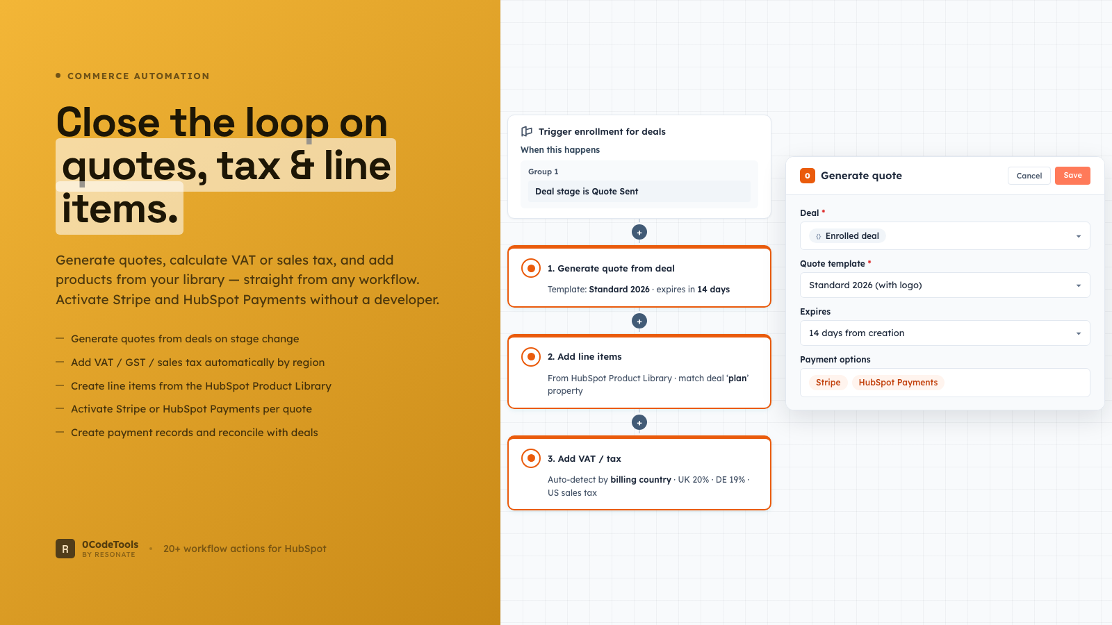 H ubSpot quote with line items, tax automation, and product library line item