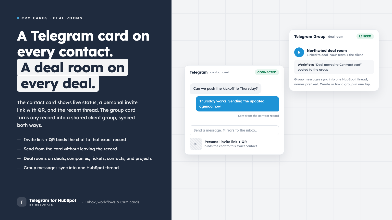 Telegram contact card with invite QR and deal room group chats on any record